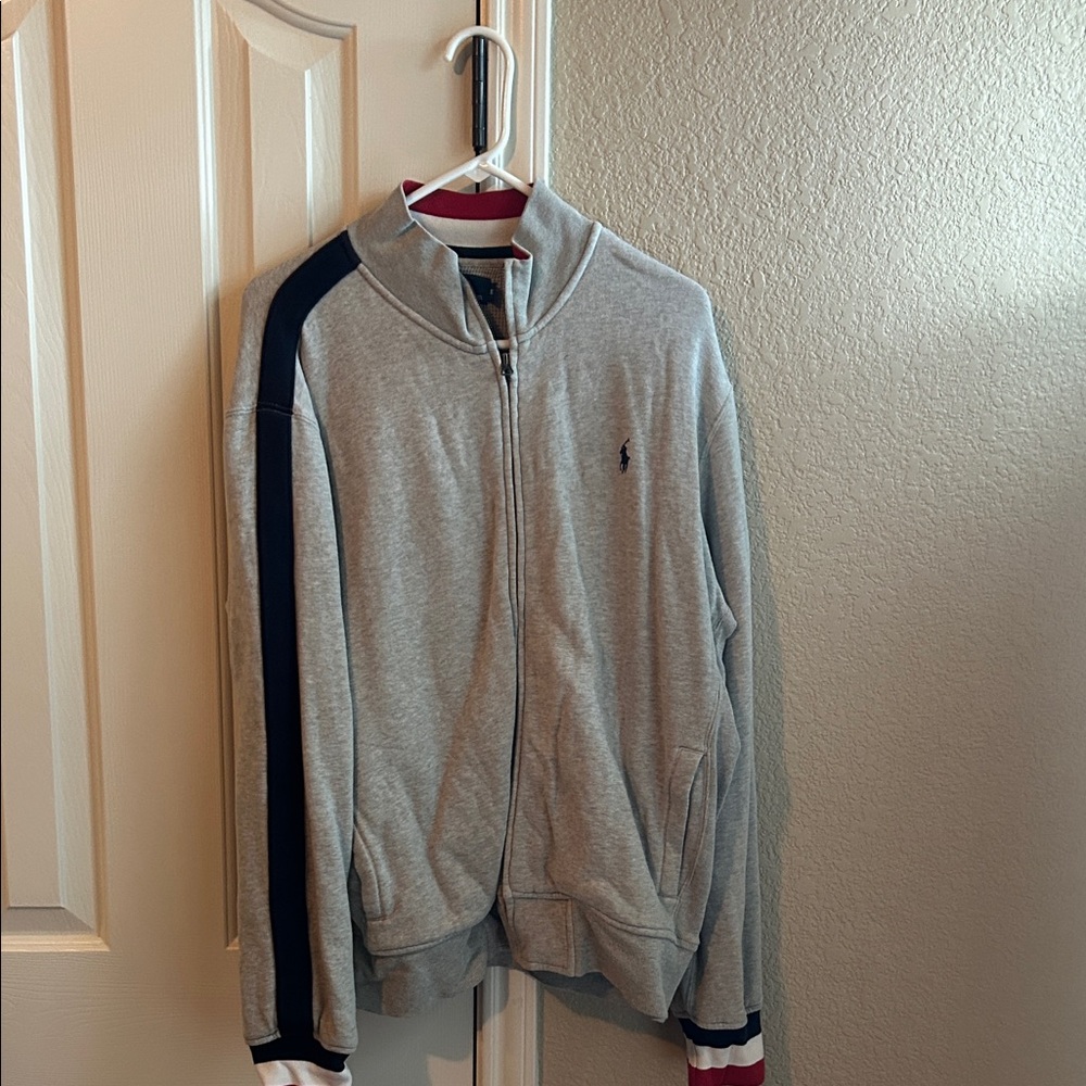 Polo Ralph Lauren Gray Zip-Up Sweater with Navy Stripes